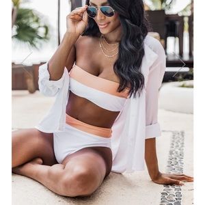 Pink Lily Two-Tone Bikini Set in White and Peach